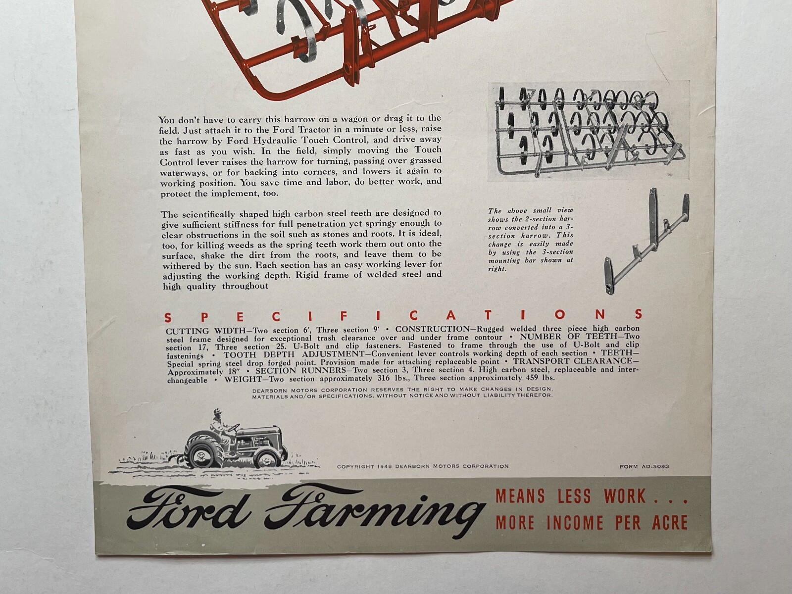 Ford “N” Series- Lift Type Spring Tooth Harrow Sales Brochure *1947*