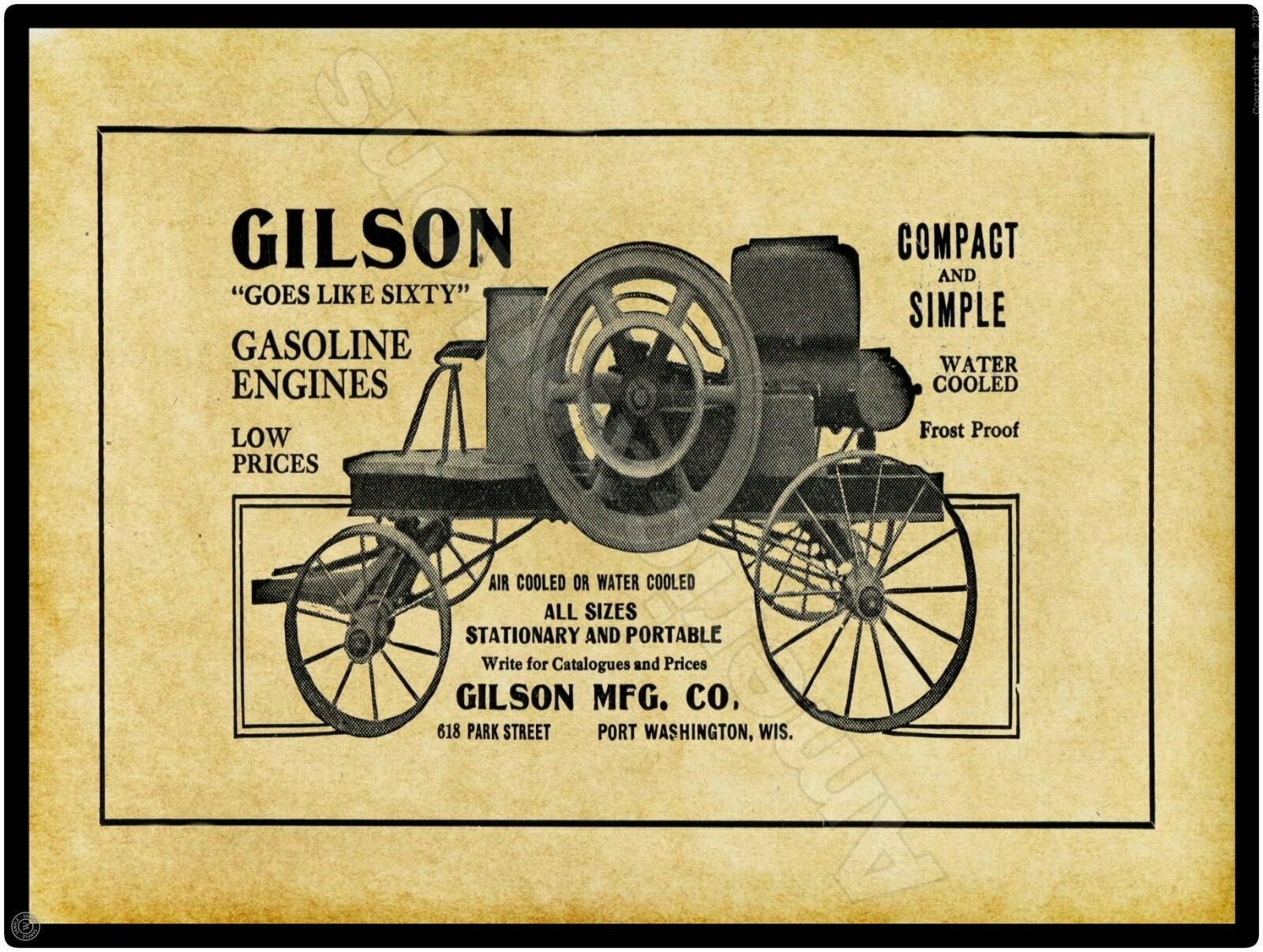 1910 Gilson Gas Power Engines New Metal Sign: Port Washington WI LG SIZE 12 x 16