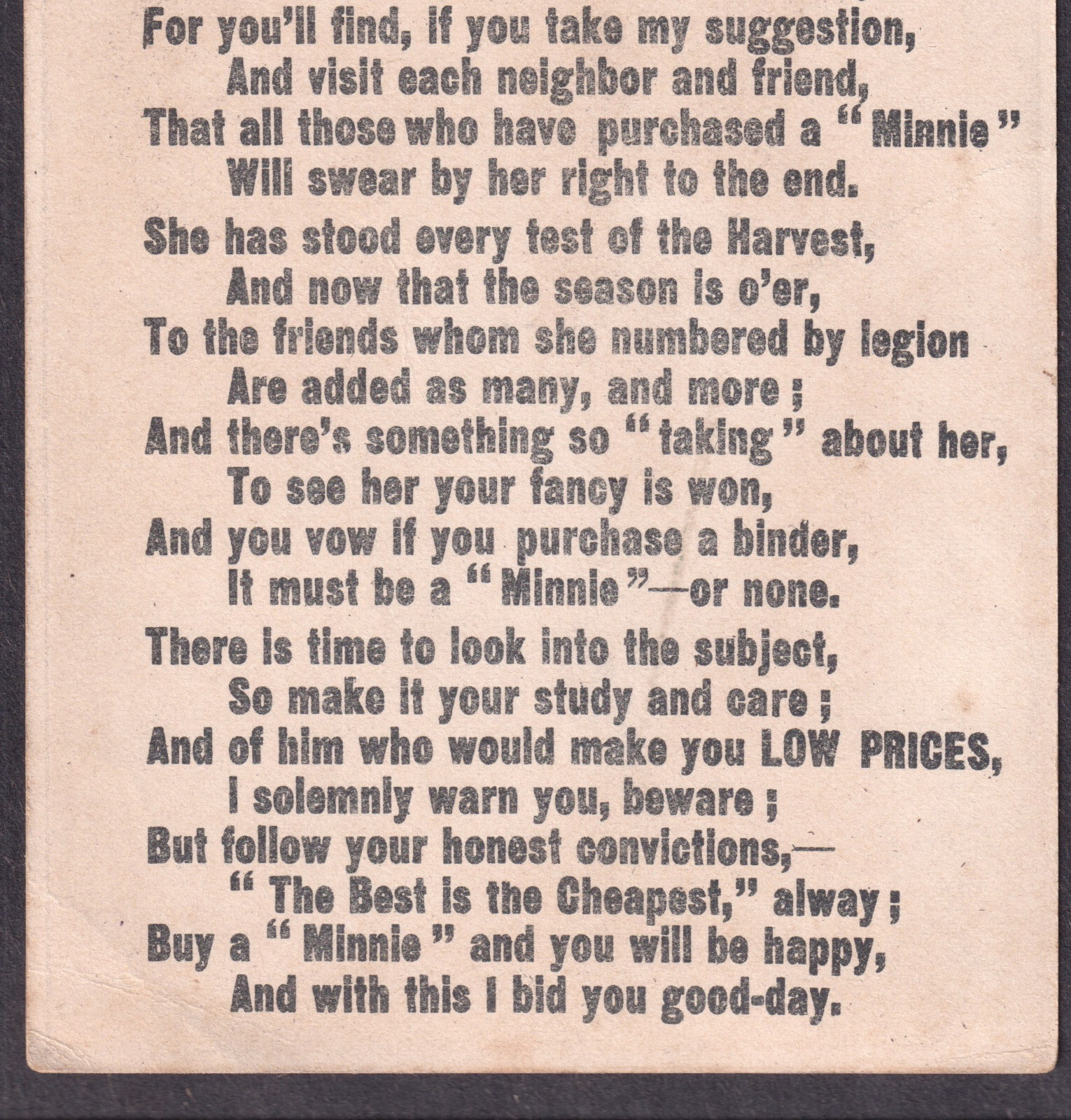 Antique Minneapolis Steel Binder 1880’s Minnie Farm Poem Advertising Trade Card