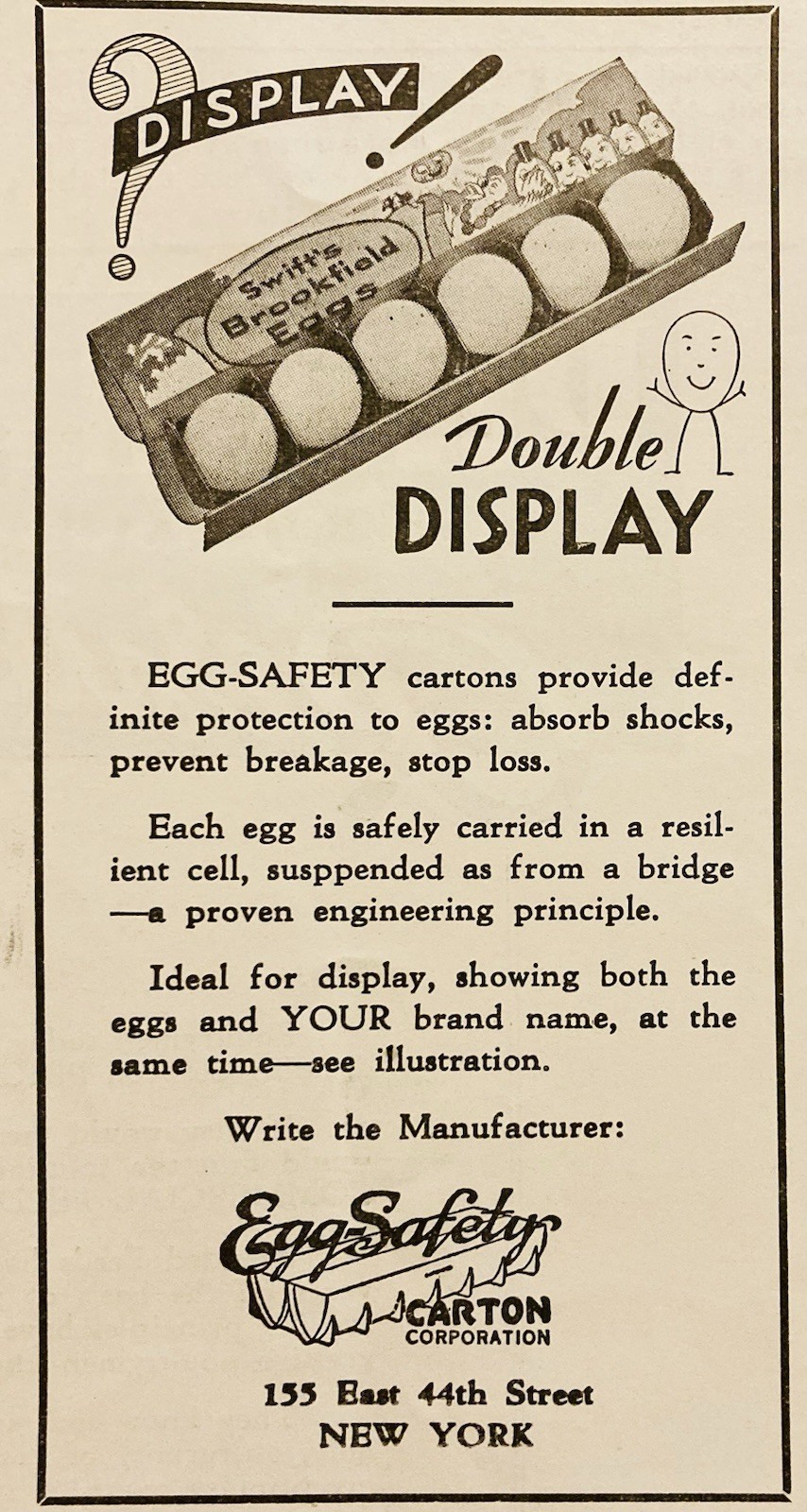1934 AD.(XH82)~EGG SAFETY CARTON CO. NYC. SWIFT’S BROOKFIELD EGGS CARTON