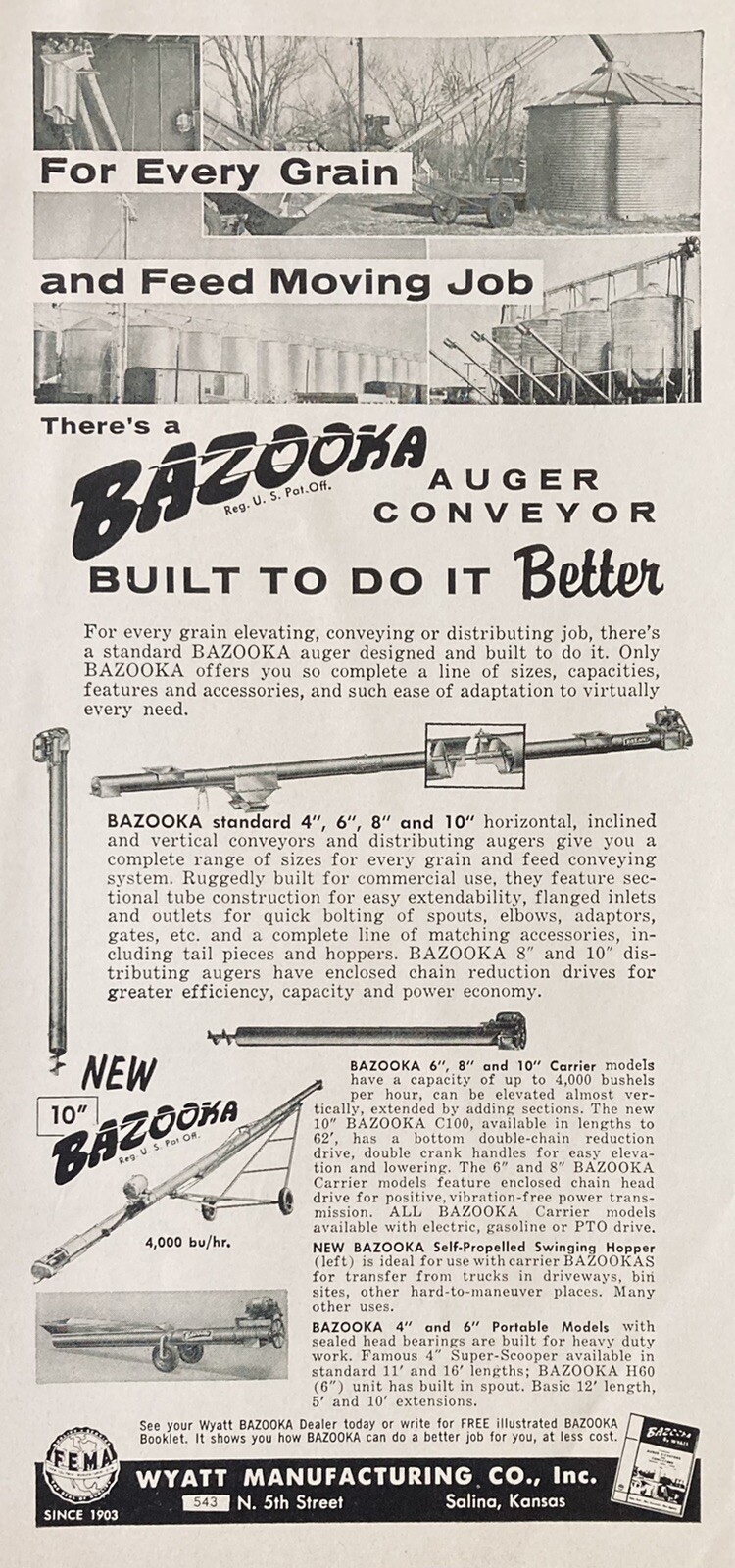 1960 AD(XH45)~WYATT MFG. CO. SALINA, KS. “BAZOOKA” GRAIN AUGER CONVEYOR