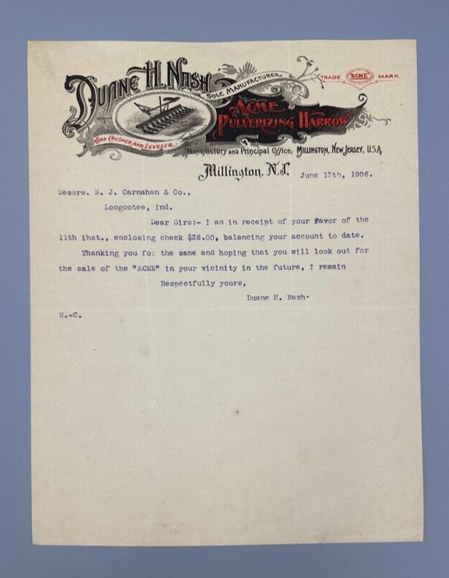 1906 ACME HARROW Duane Nash MILLINGTON NJ Farm Advertising Illustrated Letter