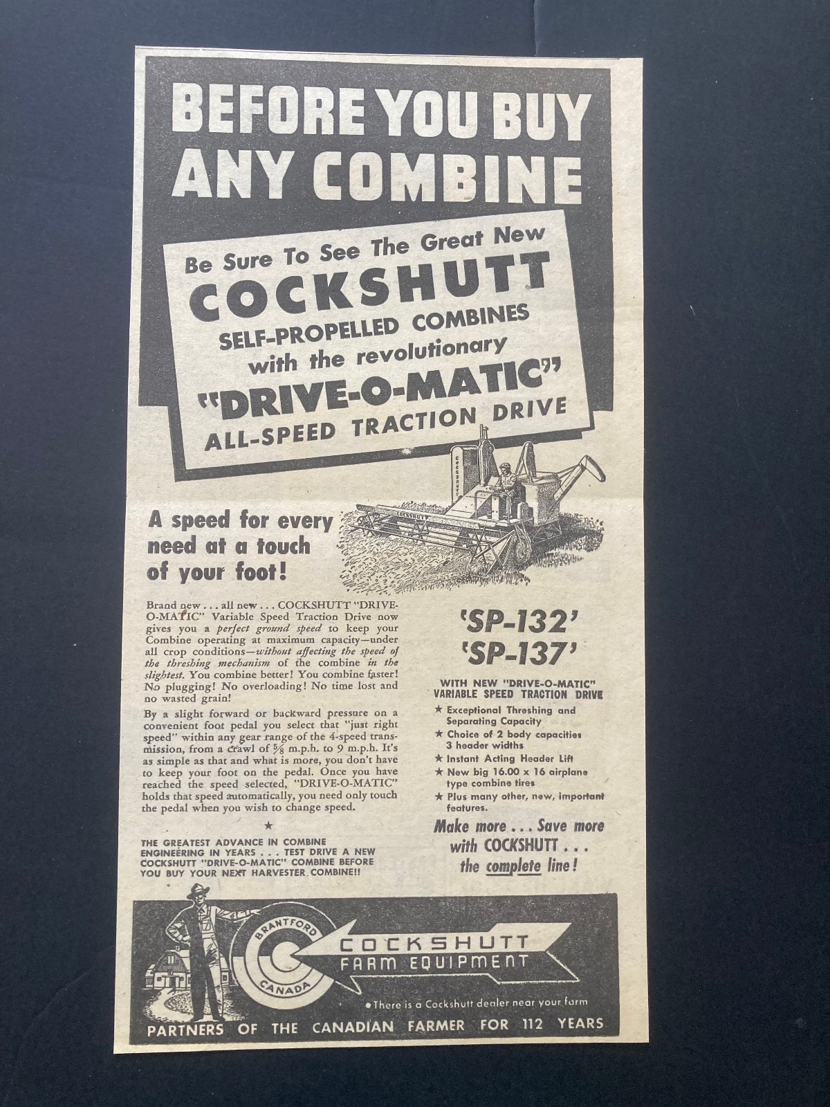 1951 CANADIAN COCKSHUTT TRACTOR AD CANADA MODEL SP 132 137 COMBINE