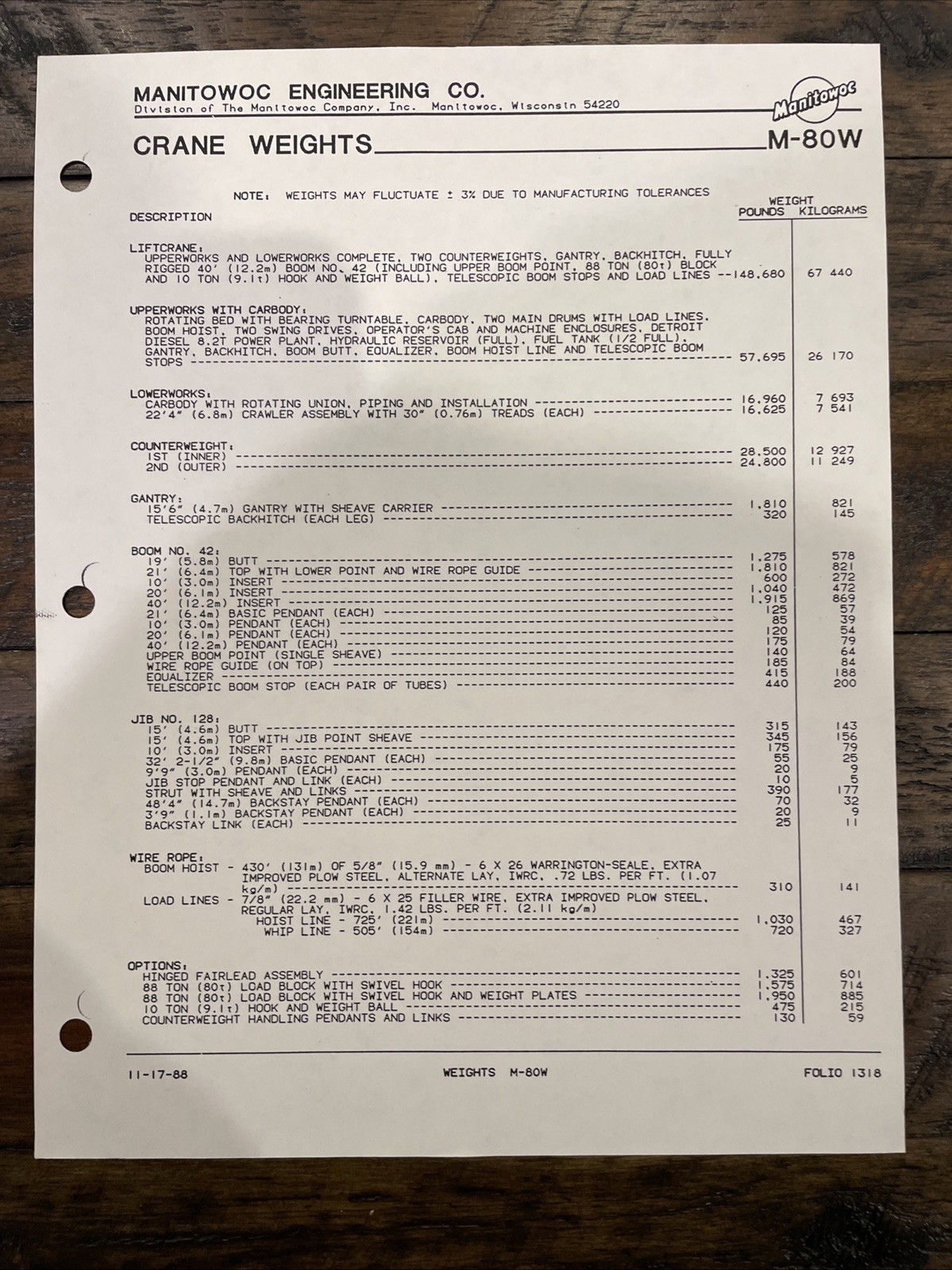 Manitowoc M-80W Crane Brochure And Capacity Charts ‘88/‘89