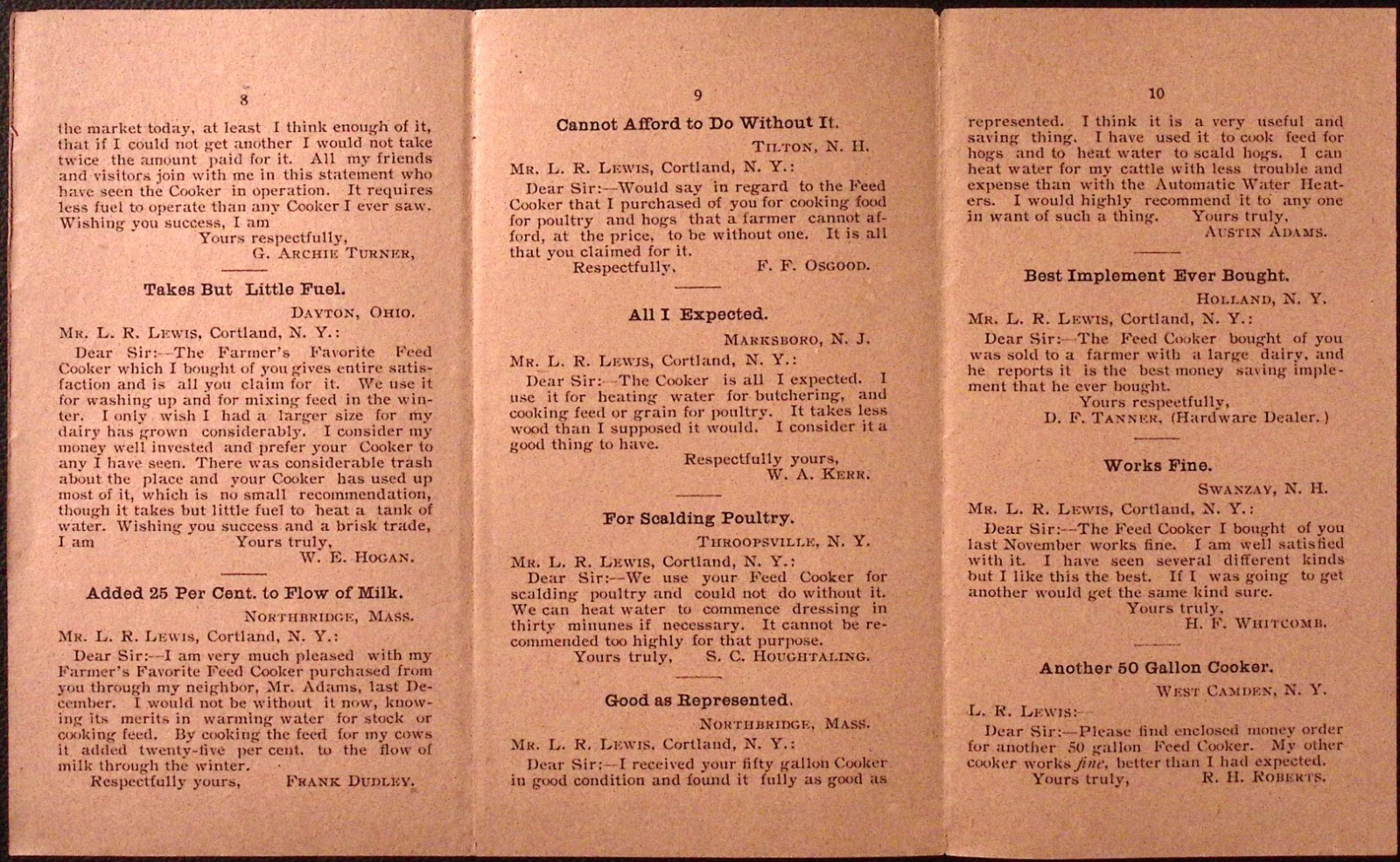 Farmers Favorite Feed Cooker Testimonial Brochure c1920s Cortland NY 3.25 x 6″