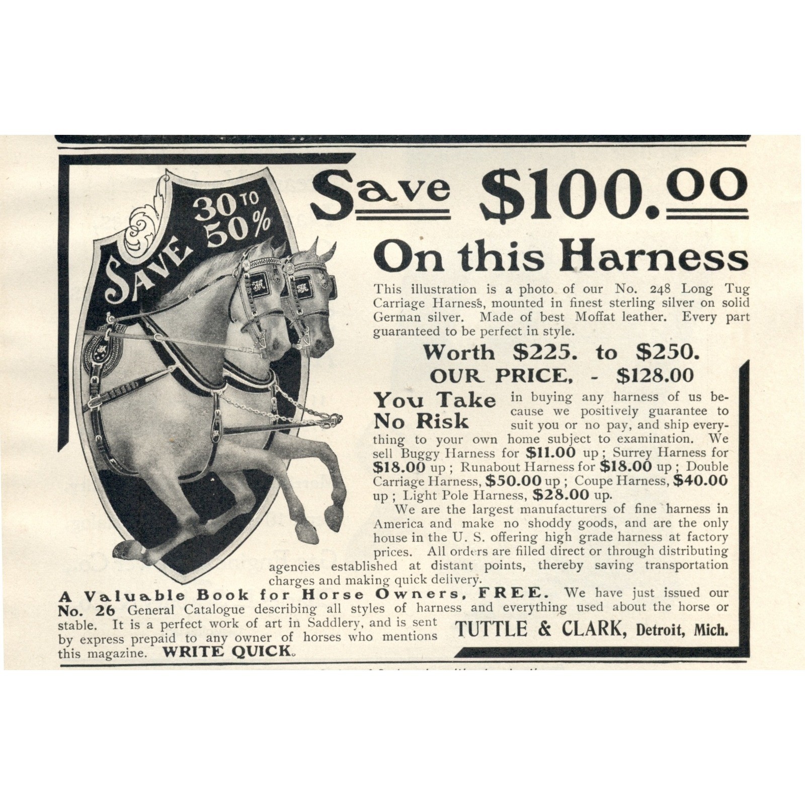 Antique 1903 Horse Harness Advertisement Tuttle & Clark Detroit