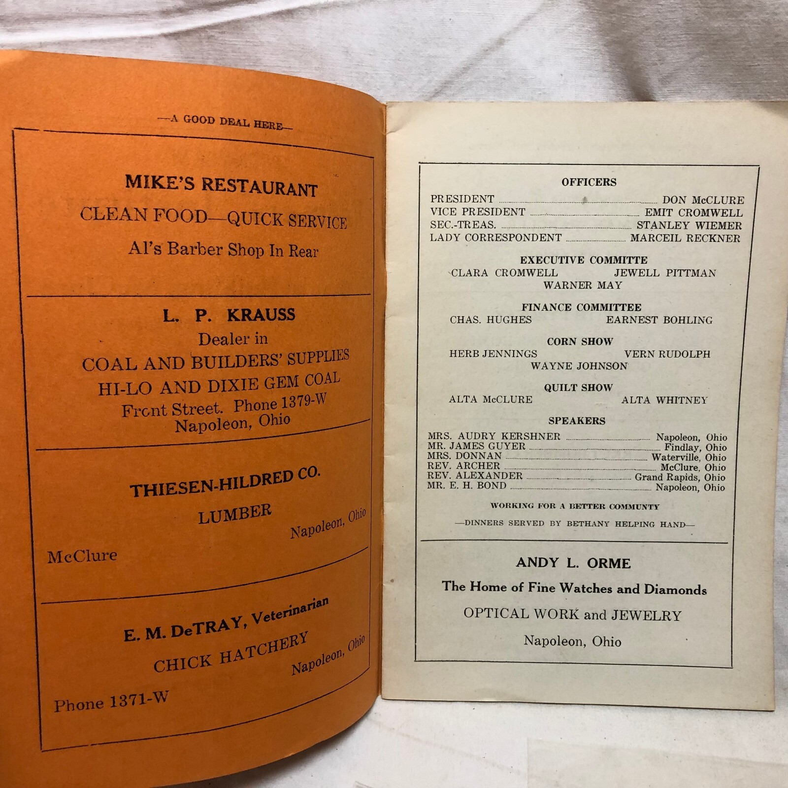 Vintage Farmers’ Institute Program 1934 Advertising Napoleon & McClure Ohio