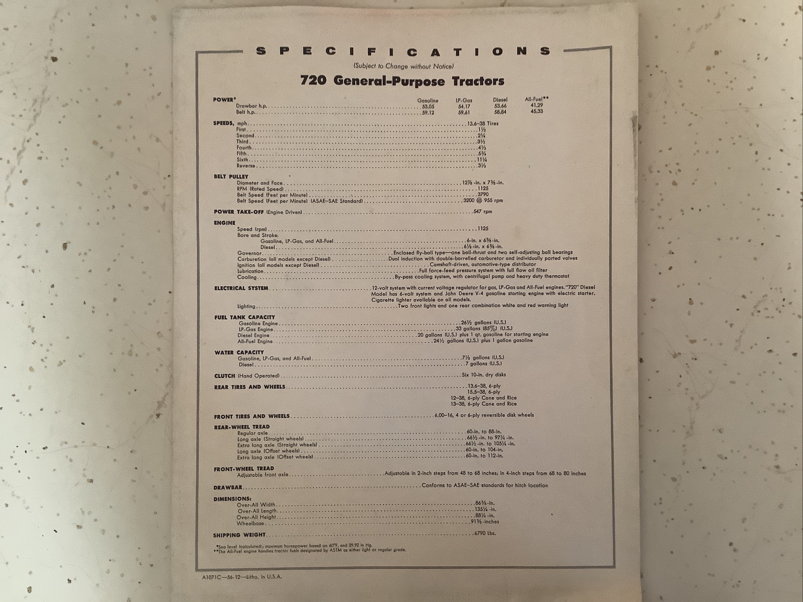 JOHN DEERE TRACTORS 720 SERIES SINGLE PAGE 1956 Sales Brochure