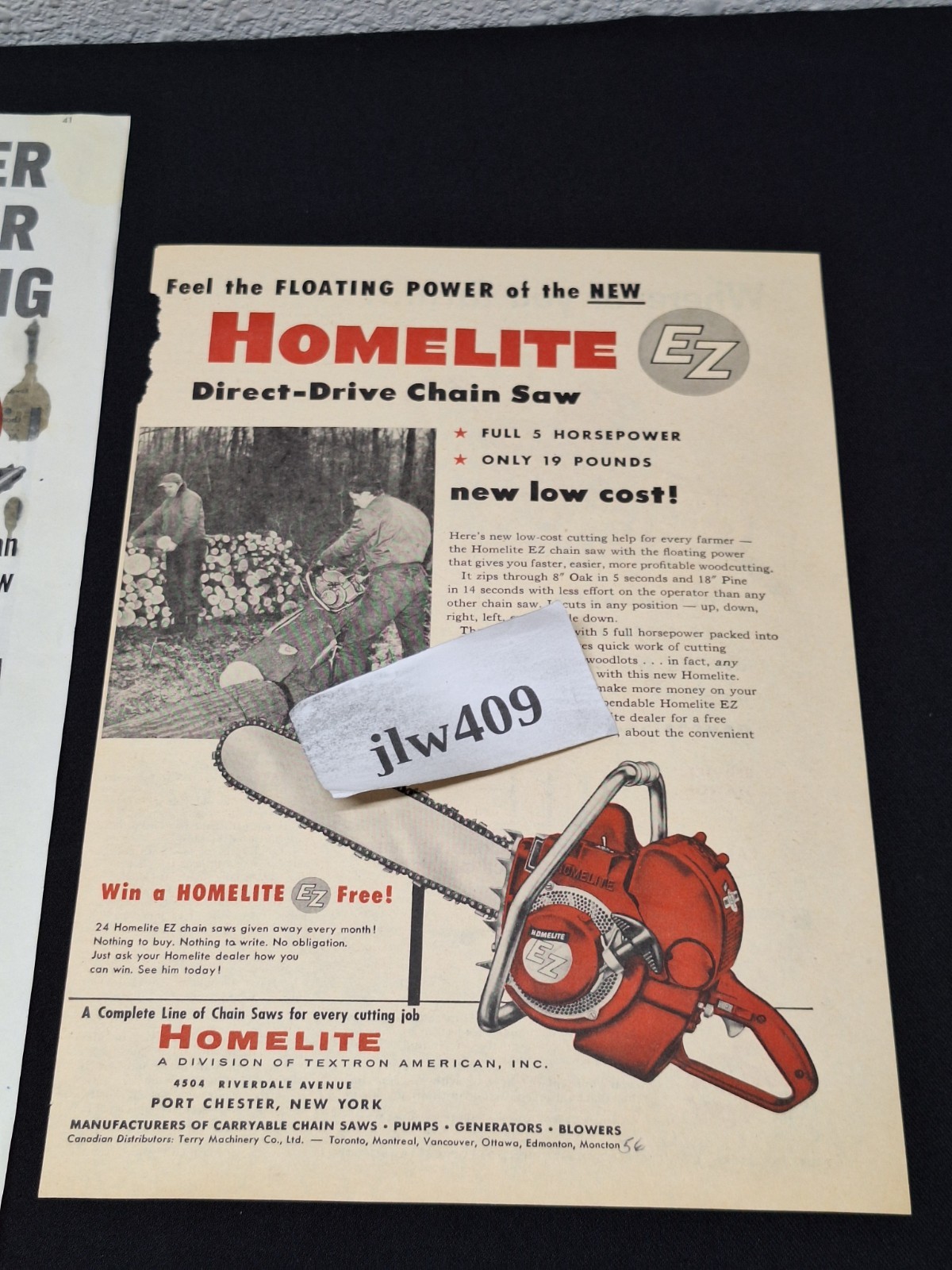 2 Vintage 1952 1956 HOMELITE CHAINSAW Original Print Ads Magazine Ad