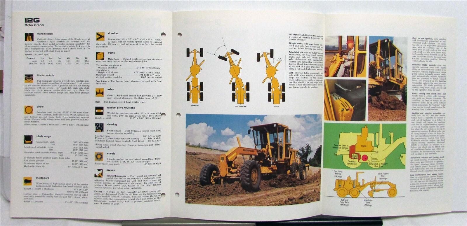 1974 CAT No 12G Road Motor Grader Construction Specifications Sale Tri-Folder