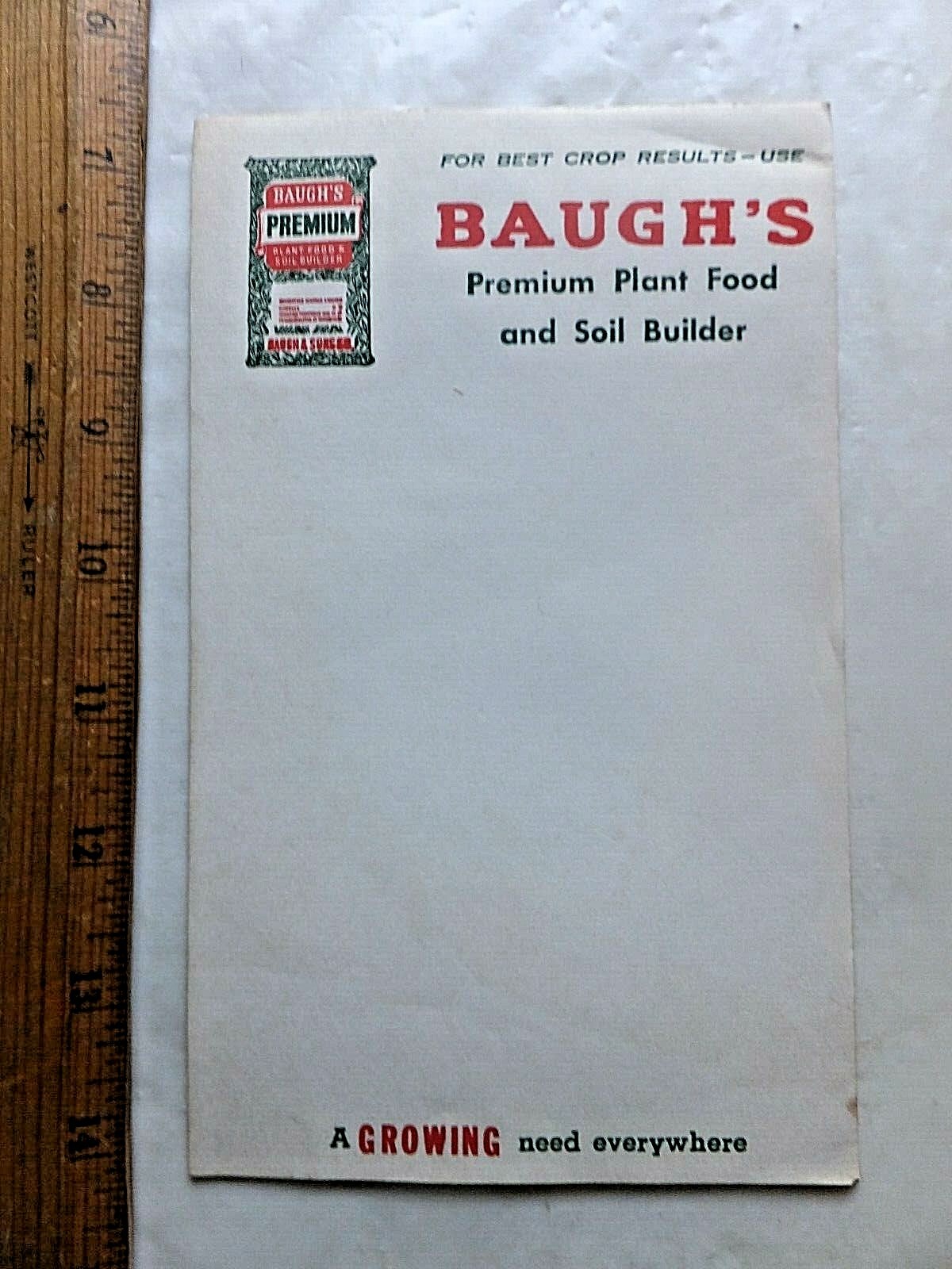 ca.1950’s/60’s Illustrated Notepad. Baugh’s Premium Plant Food. 9 Sheets.