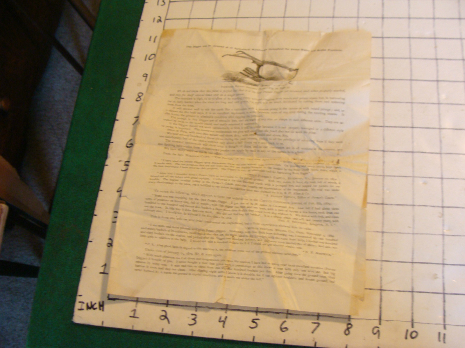 orig. Patented Potato Digging Plow info paper folded, as shown, 1800’S