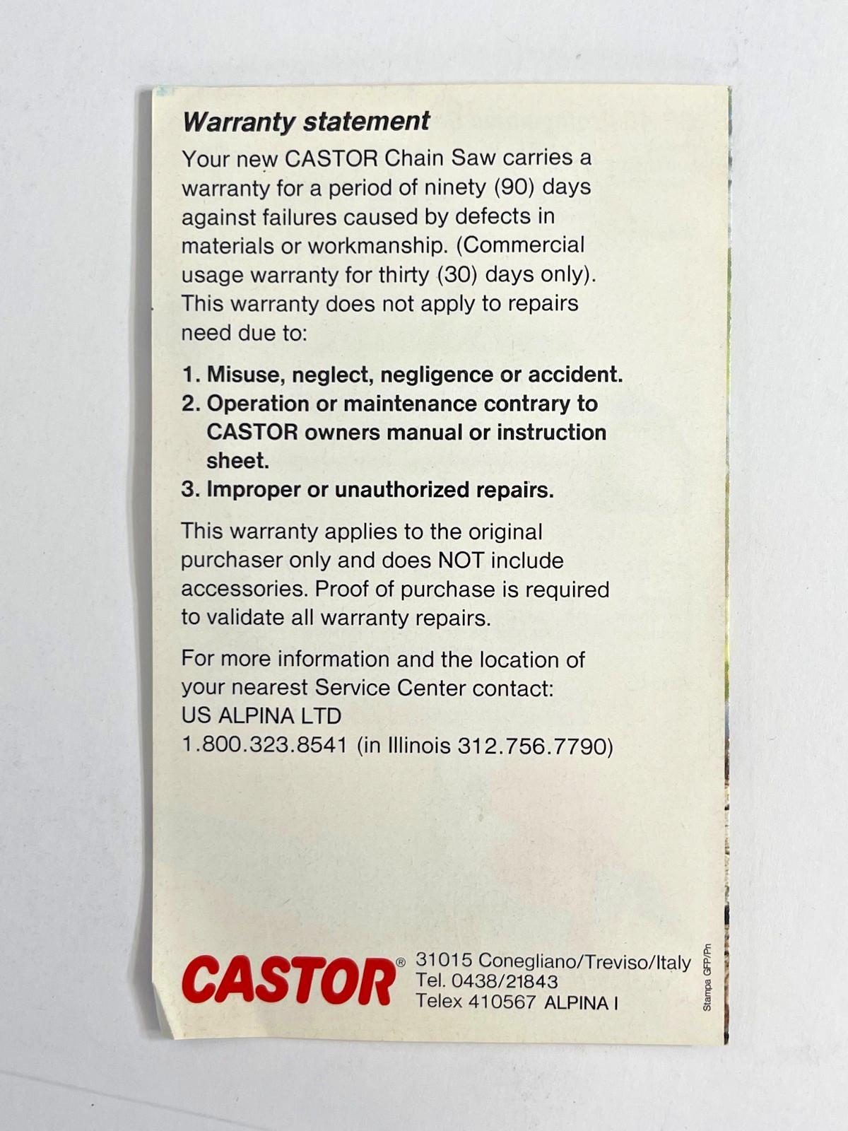 Vintage Original 1980s – Castor Brand Chainsaw Sales Brochure