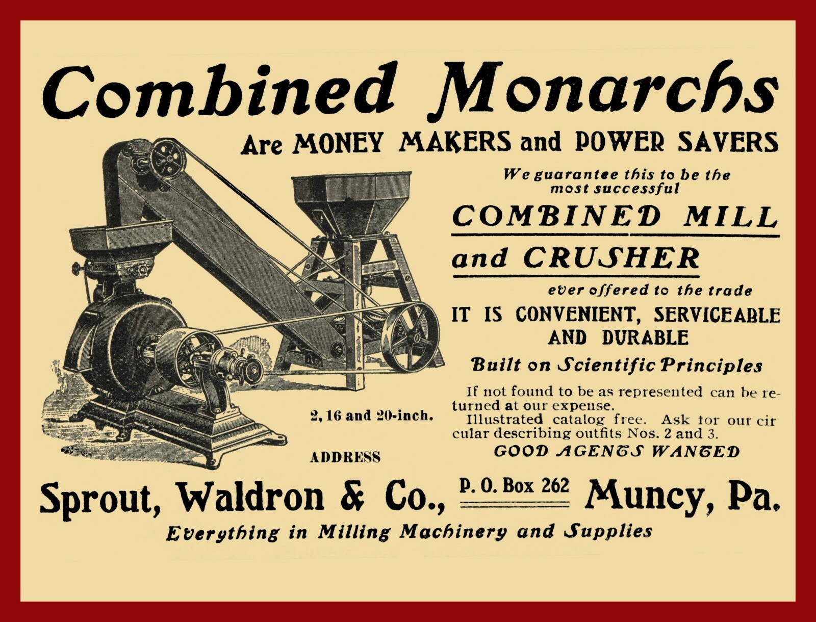 1905 Sprout, Waldron & Co. NEW Metal Sign: Monarch Mill, Crusher – Muncy, PA