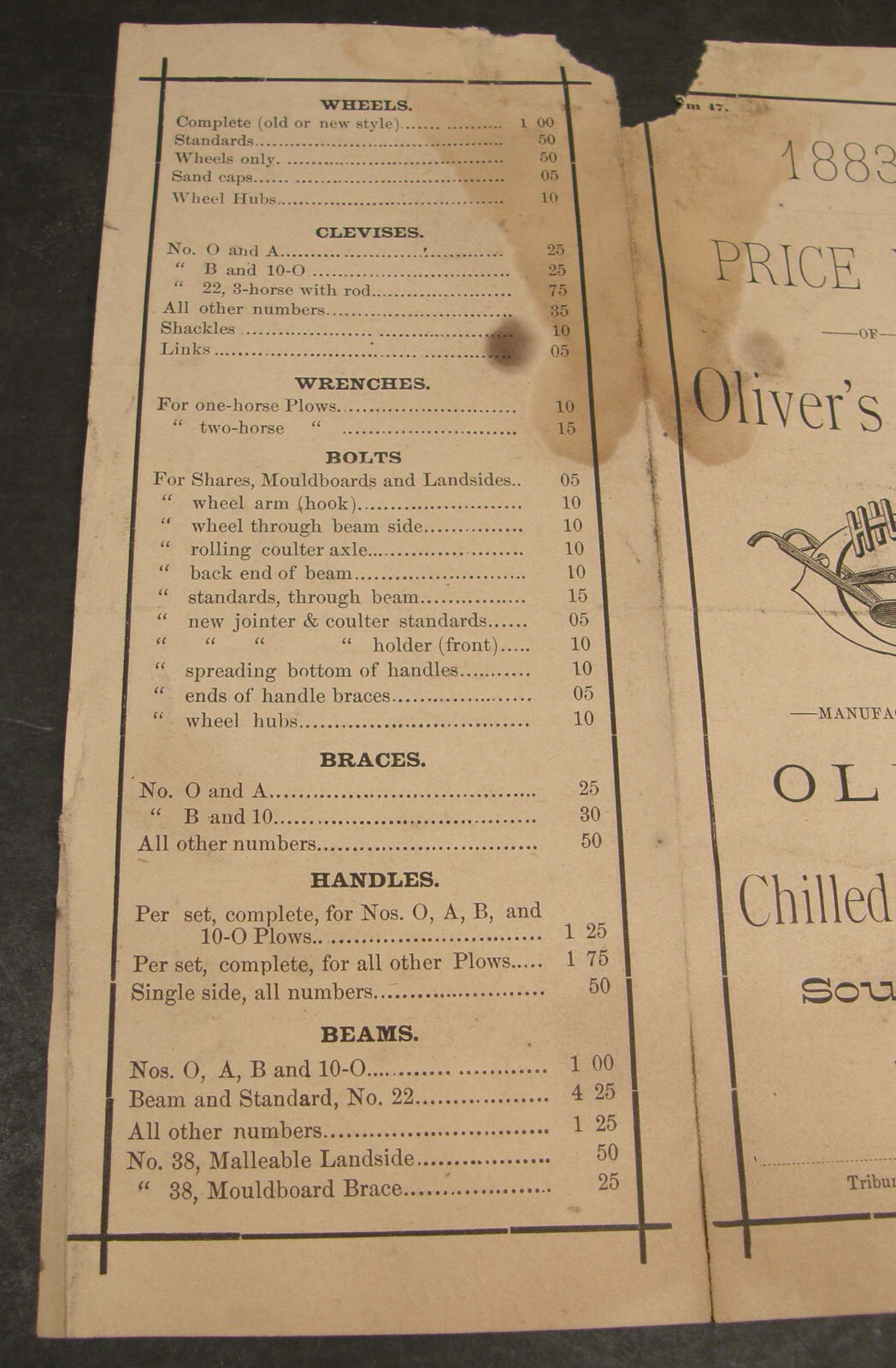 ANTIQUE 1883 PRICE LIST OLIVER AGRICULTURAL PLOW WORKS SOUTH BEND INDIANA