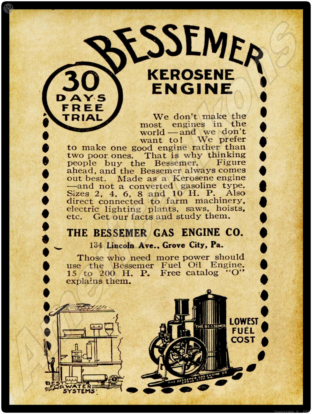 1916 Bessemer Gas Engines New Metal Sign: Grove City, PA – LARGE SIZE 12 x 16