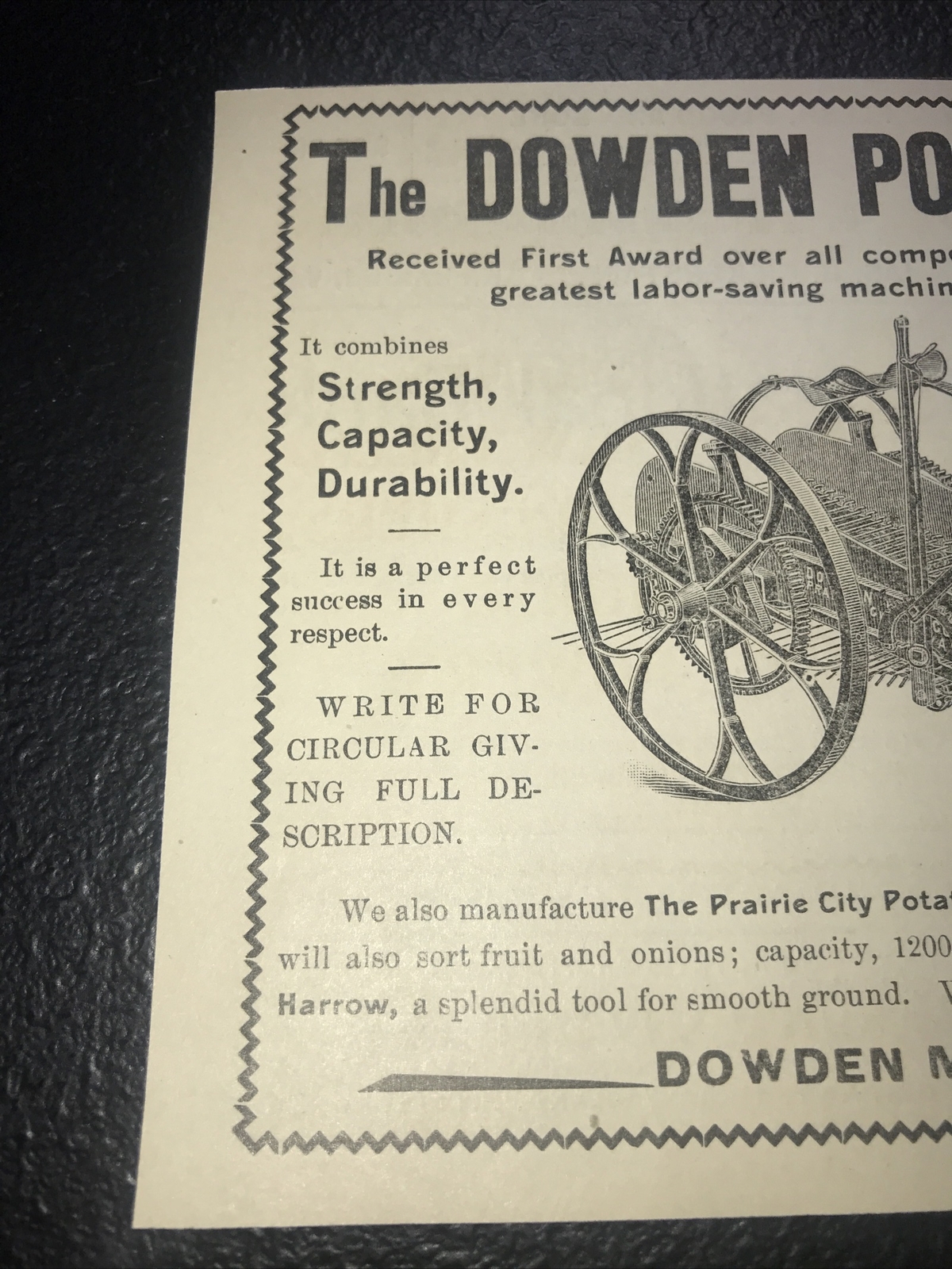 1900 Dowden Potato Harvester Farm Advertising – Prairie City – Iowa