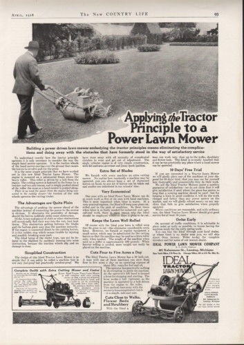1918 IDEAL POWER LAWN MOWER TRACTOR GRASS LANDSCAPE LANSING MICHIGAN AD 9553