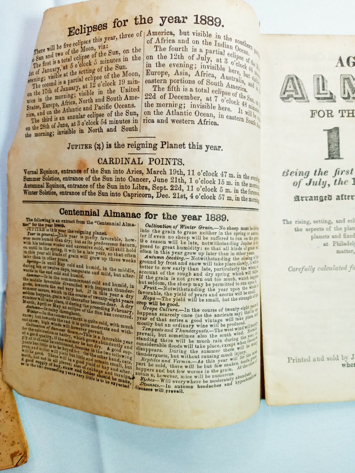 Vintage 1889 John Bear Baer’s Agricultural Almanac Lancaster PA Antique Farmers