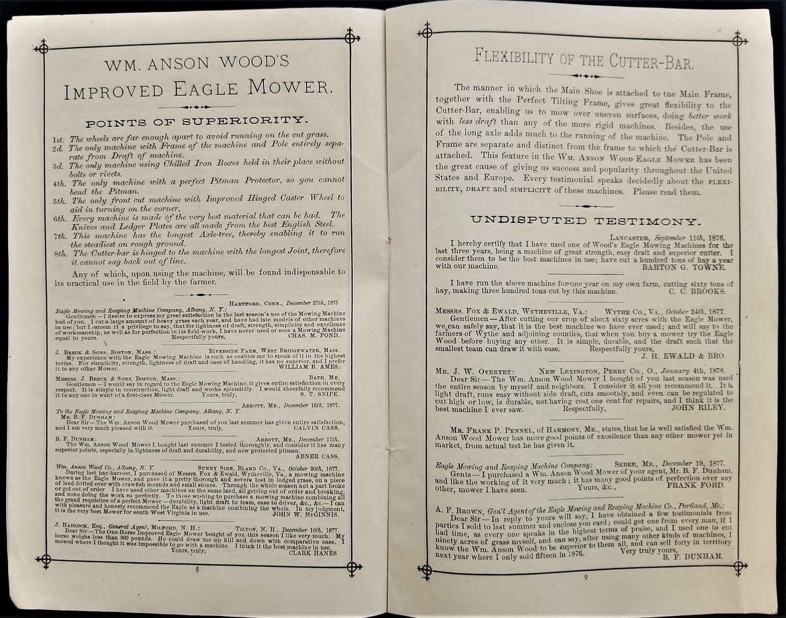 1877 antique EAGLE MOWERS CATALOG agriculture Wm Anson Wood oldtown me BACHELDER