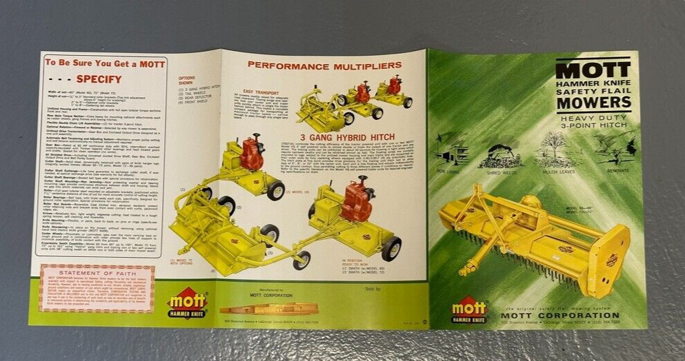 1970s MOTT Hammer Knife MOWERS 3 Point Hitch Farm Advertising Brochure