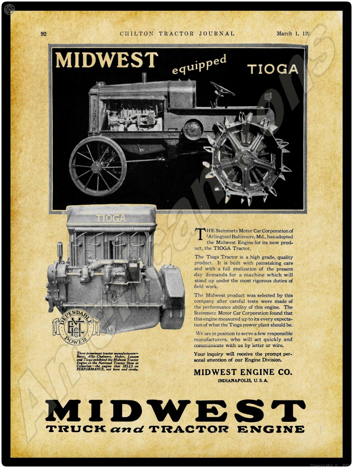1921 Midwest Engines Tioga Tractor New Metal Sign: LARGE SIZE 12 X 16 Free Ship.