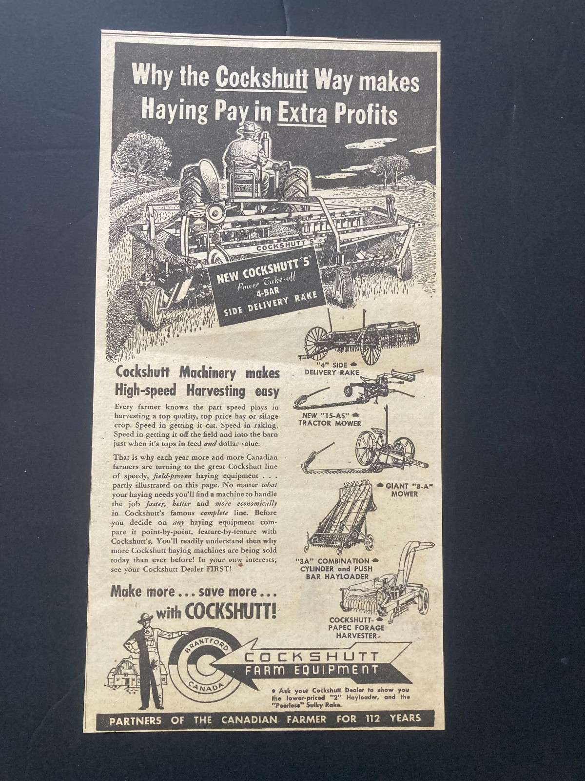 1951 CANADIAN COCKSHUTT TRACTOR AD CANADA MODEL 5 SIDE DELIVERY RAKE