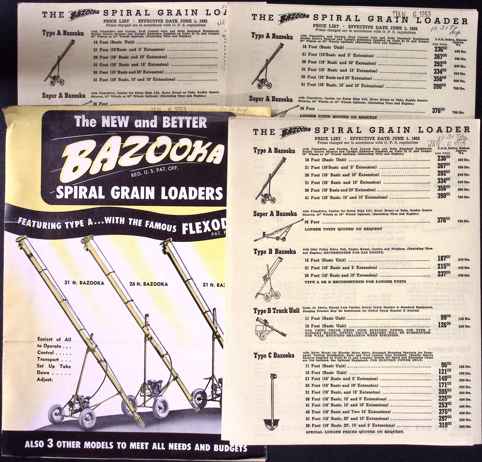 1953 Bazooka Spiral Grain Loader Model B-50 Brochure Wyatt Mfg Co Salina KS