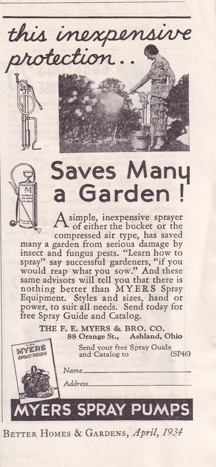 Myers Spray Pumps Ashland OH 1934 Print Ad 5″x2″