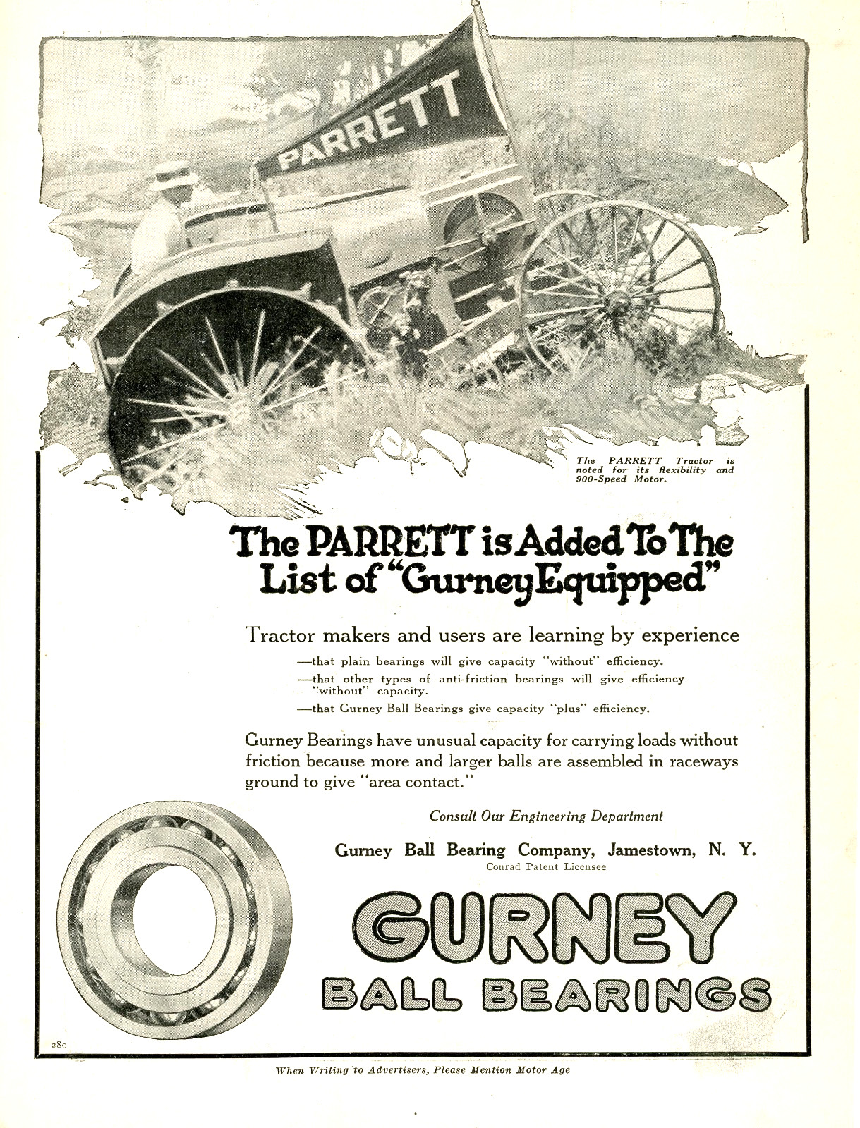 1918 Original Parrett Tractor In Gurney Ball Bearings Ad. 900-Speed Motor