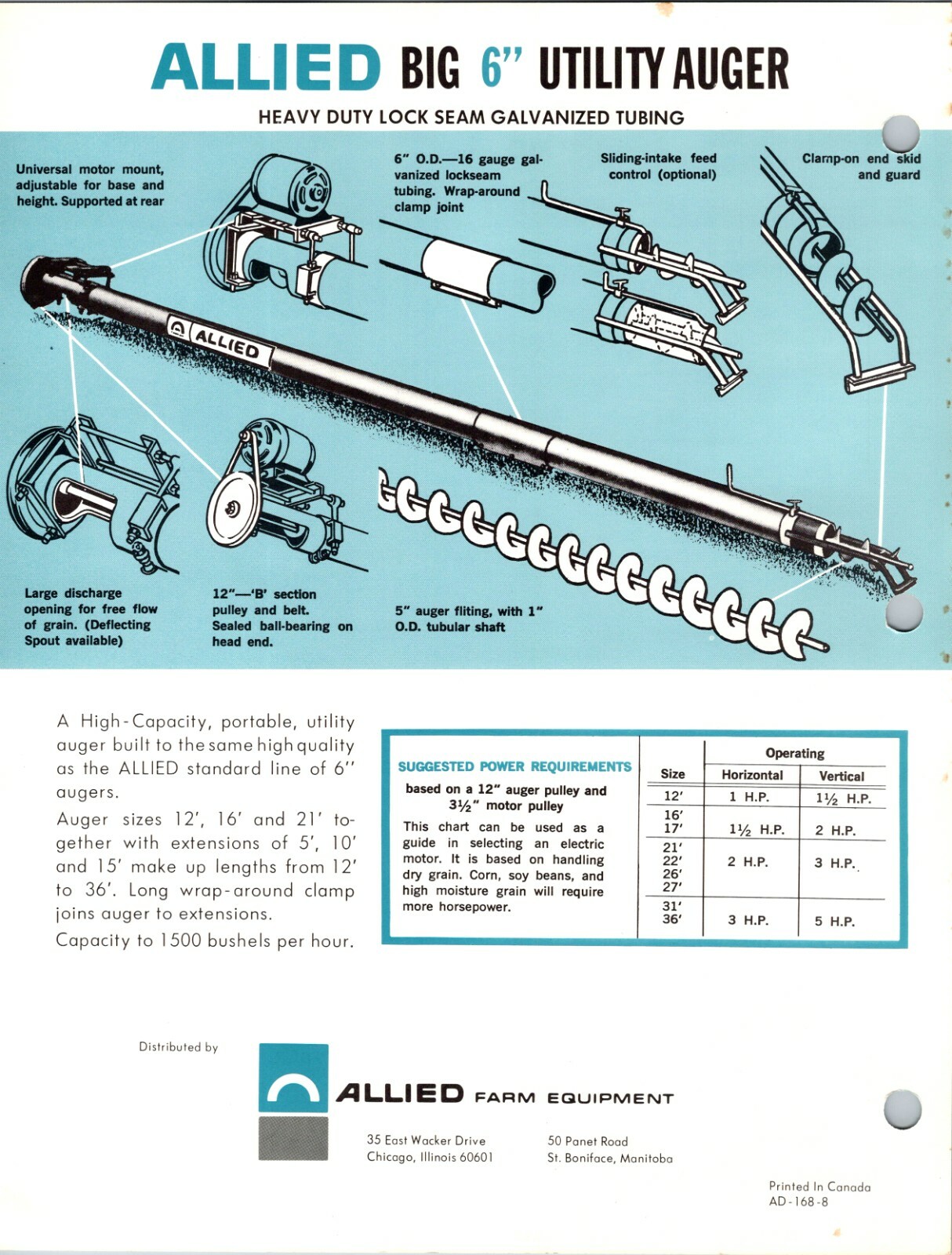 Vintage Allied 4″ 5″ Grain Augers Chicago IL Sales & Dealer Advertising Brochure