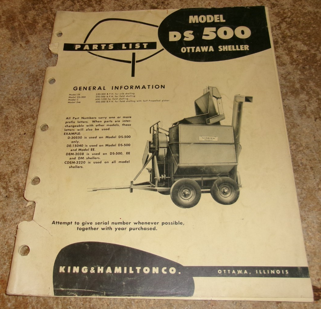 vintage DS 500 ottawa sheller parts list in good shape used