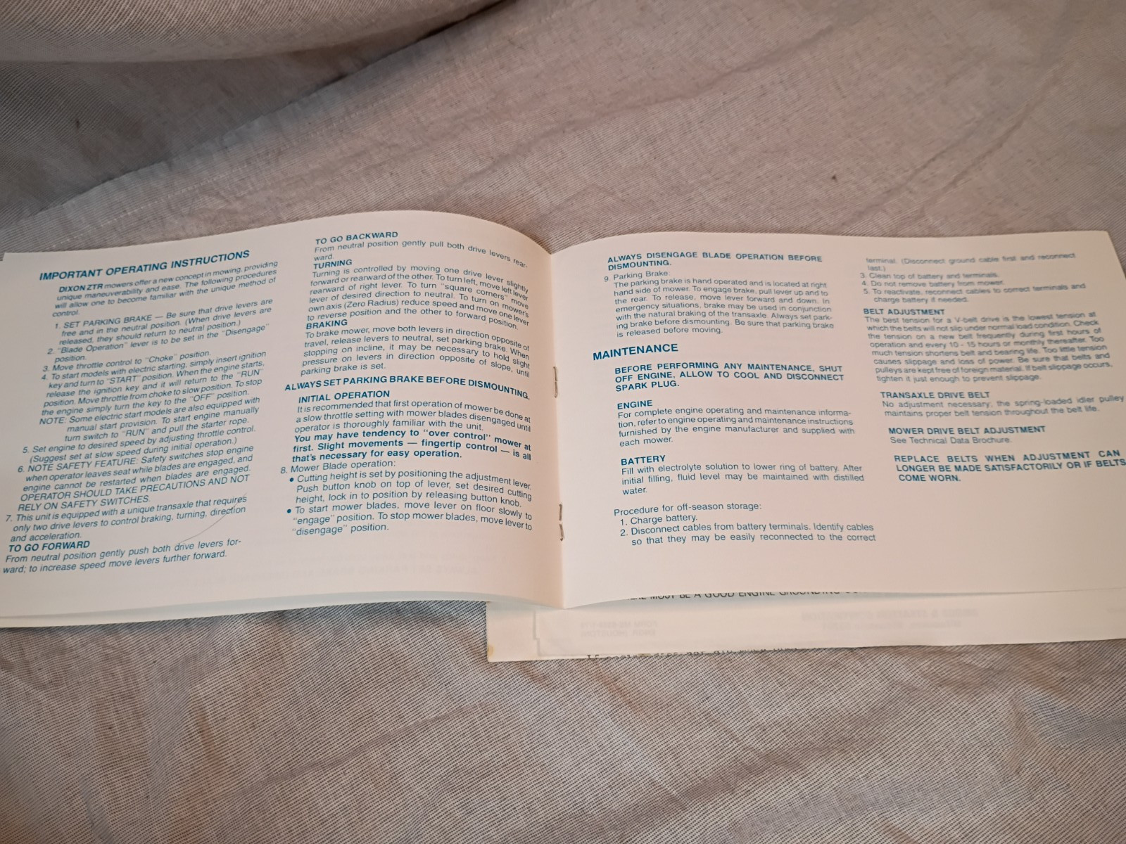Dixon Zero Turn Mower ZTR-426 Operator’s manual and repair sheets VTG