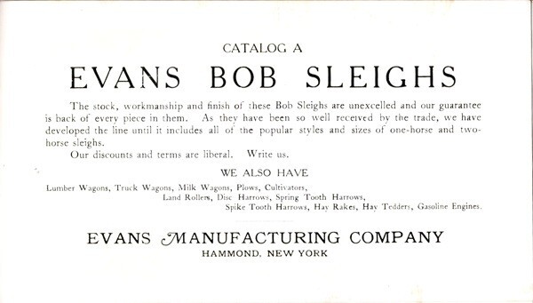 Catalog of Bob Sleighs, The Evans Manufacturing. Co, Hammond, NY, 1890