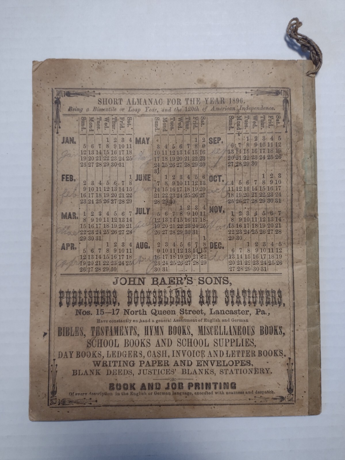 1896 John Baer’s Sons Lancaster, PA Agricultural Almanac