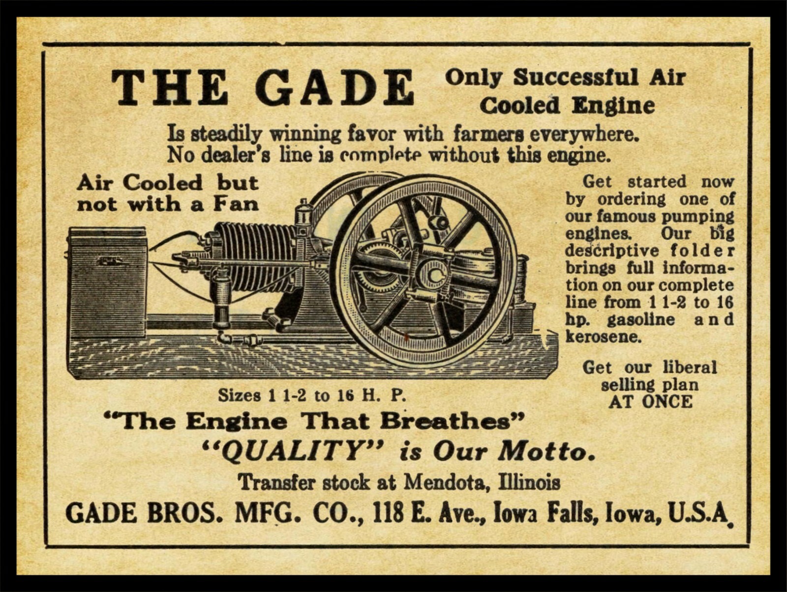 1917 Gade Brothers Gas Engines of Iowa City NEW Metal Sign: 12×16 Large Size