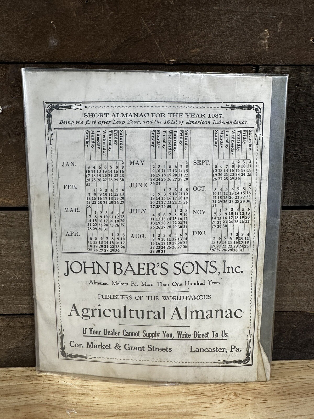 Vintage 1937 John Baer’s Sons Lancaster PA Agricultural Almanac #1