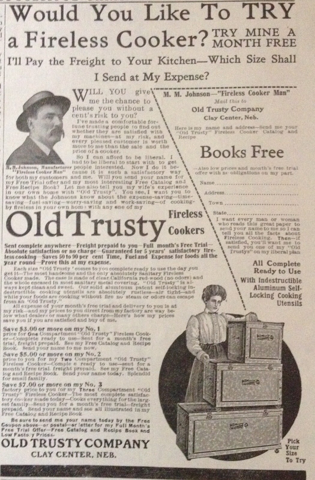 1909 AD(XF4)~OLD TRUSTY CO. CLAY CENTER, NE. OLD TRUSTY FIRELESS COOKERS