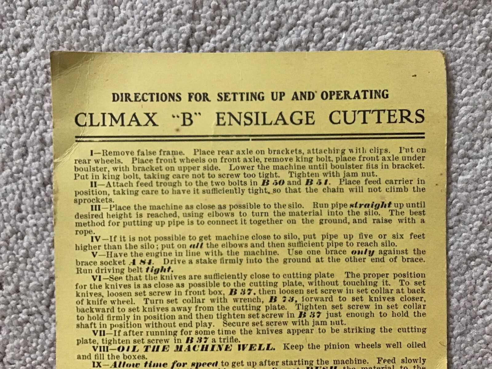 Vintage Cardboard Directions For Climax “B” Warsaw-Wilkinson Ensilage Cutters
