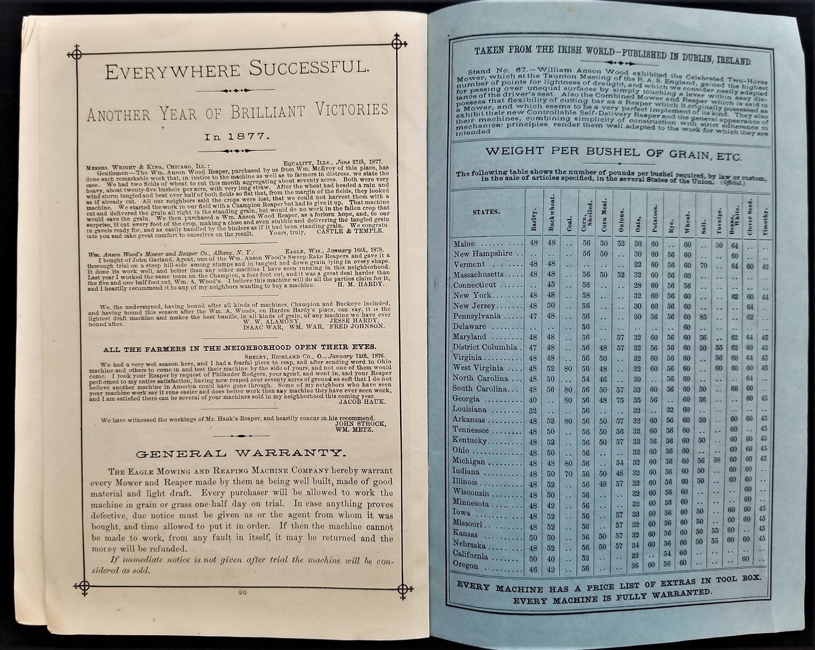1877 antique EAGLE MOWERS CATALOG agriculture Wm Anson Wood oldtown me BACHELDER