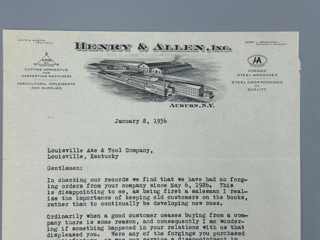 1936 HARVESTER Henry & Allen FARM IMPLEMENTS Advertising Letterhead AUBURN NY