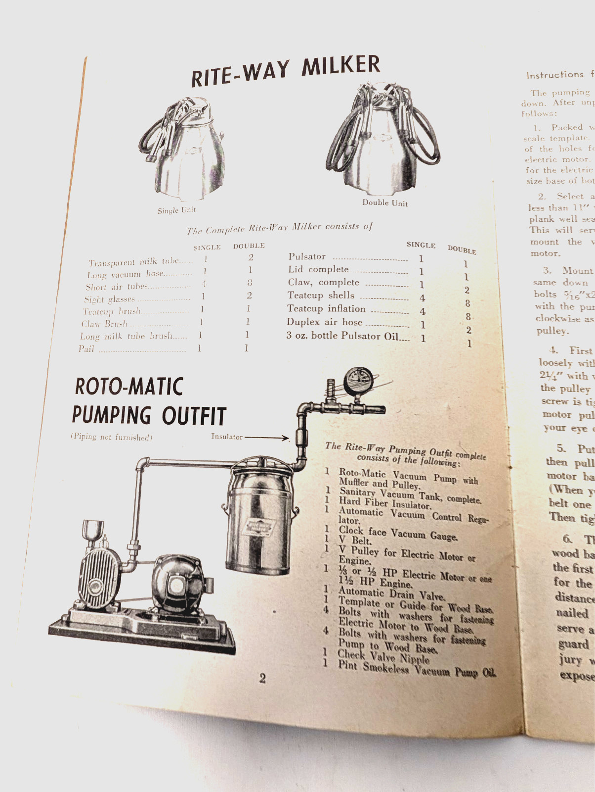 1952 Rite-Way Milker Instruction Manual & Parts List Farm Milking Machine