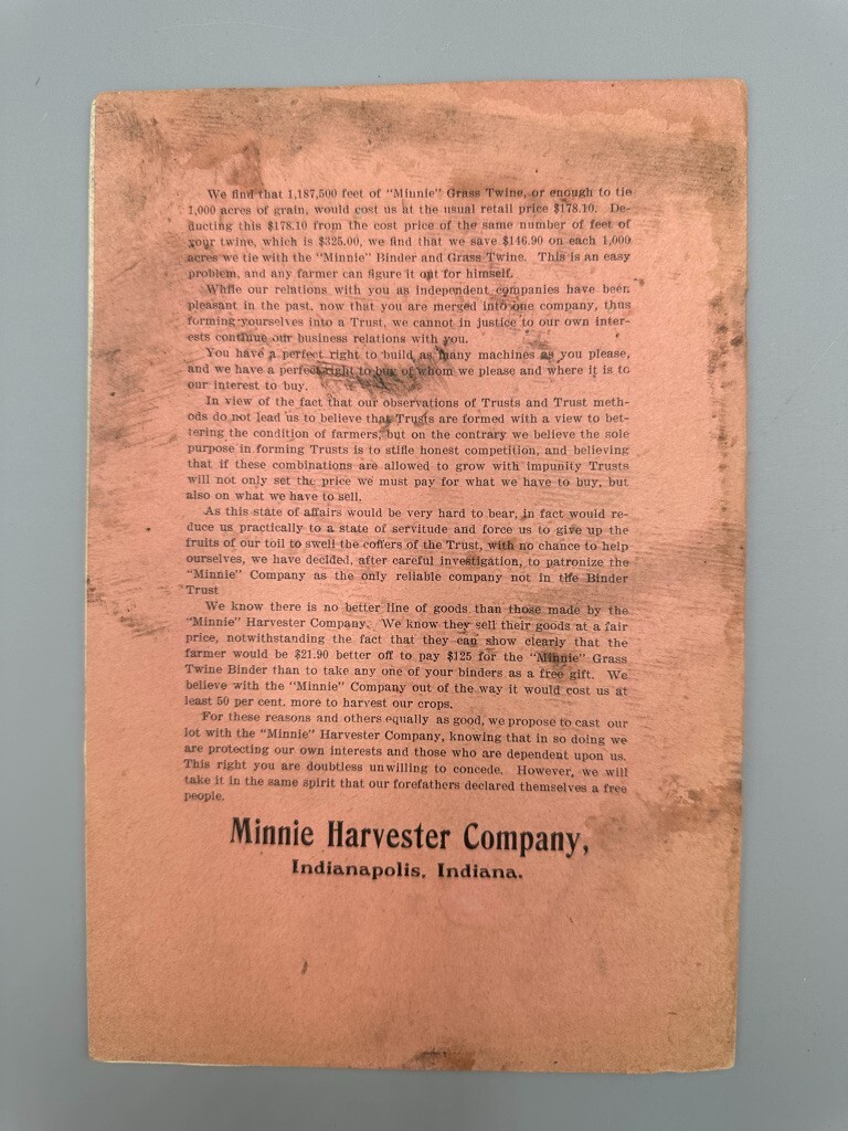 1903 MINNIE HARVESTER – INDIANAPOLIS IN Advertising AMERICAN FARM v Binder Trust