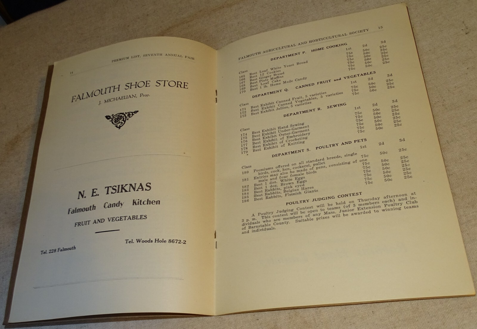 1923 Falmouth Mass Annual Agricultural & Horticultural Fair Premium List Booklet