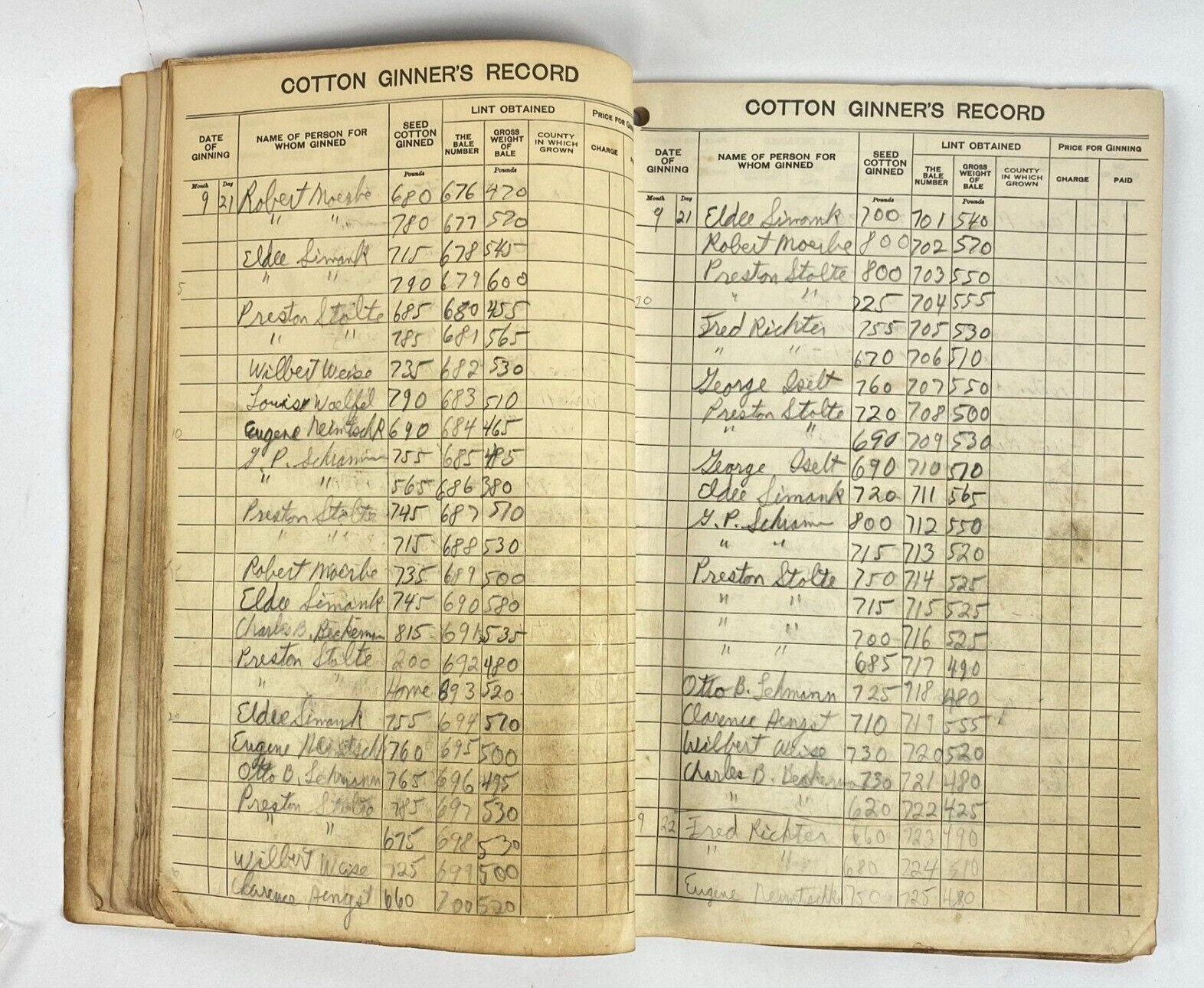 1950’s Dept of Commerce Cotton Ginner’s Record Book Filled Out Vintage