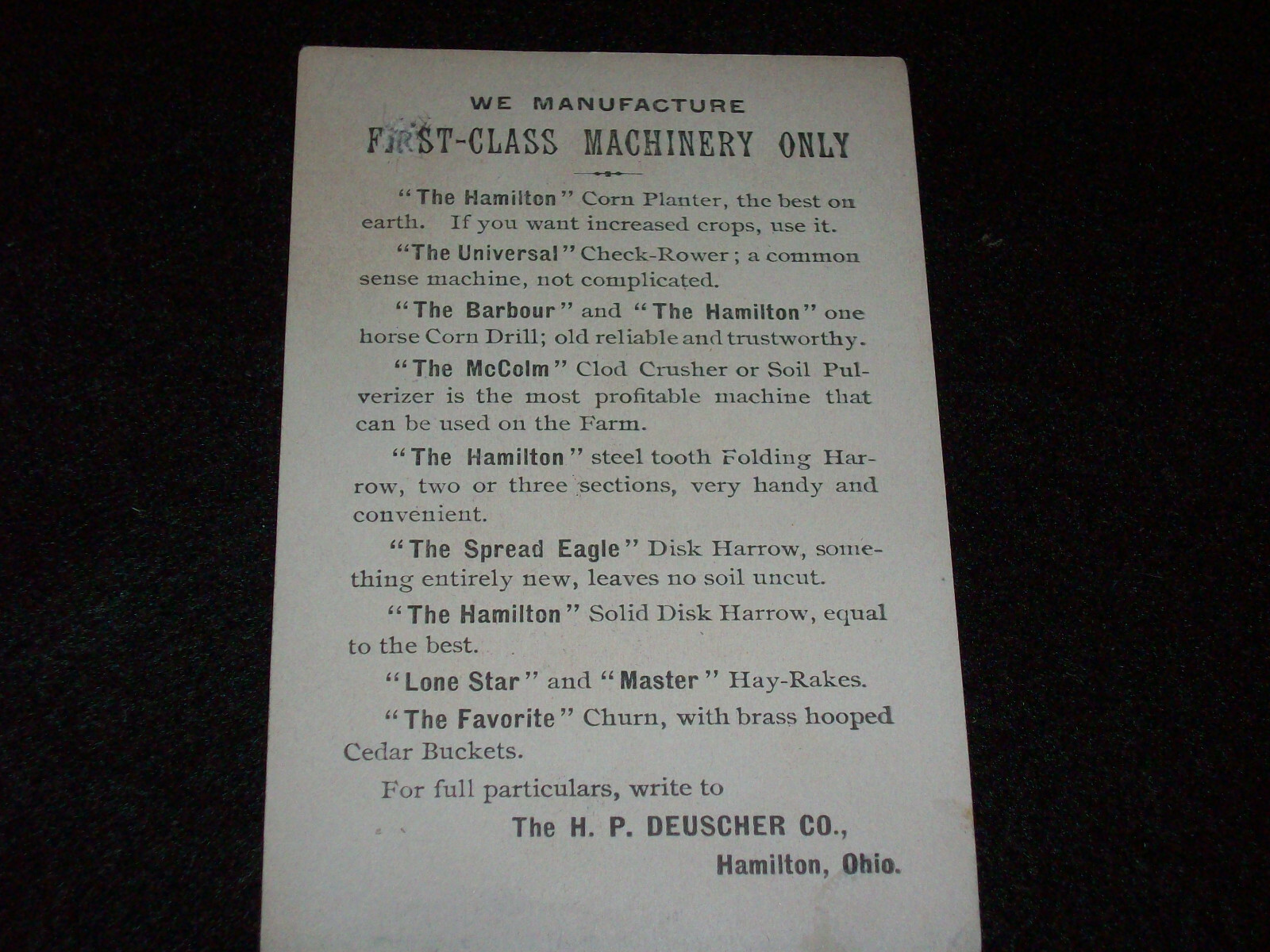 H.P. Deuscher Co. 1800’s Trade Card Hamilton Planter Disk Harrow Barbour Drill
