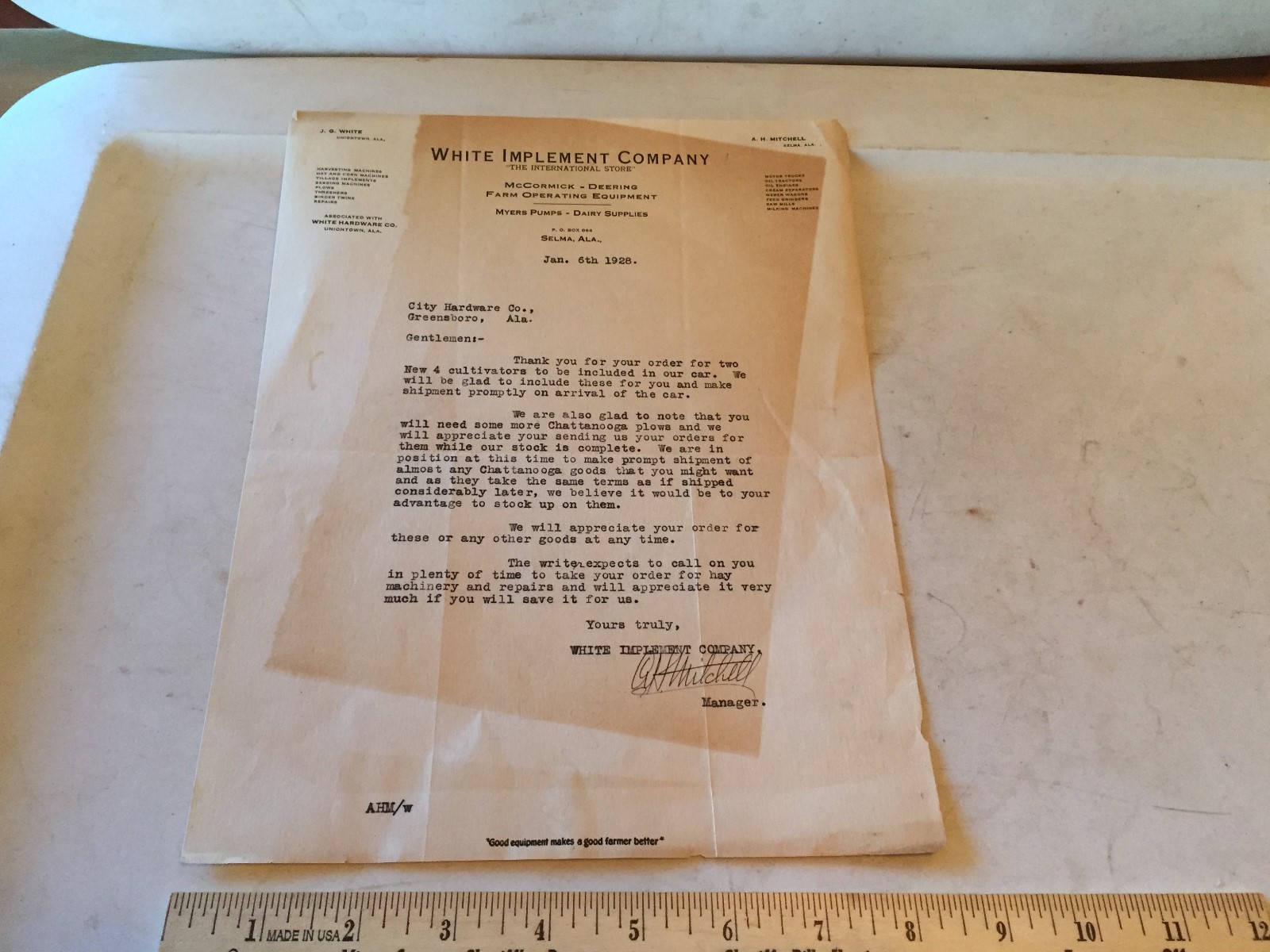 1928 WHITE IMPLEMENT McCormick Deering Letter SELMA ALABAMA