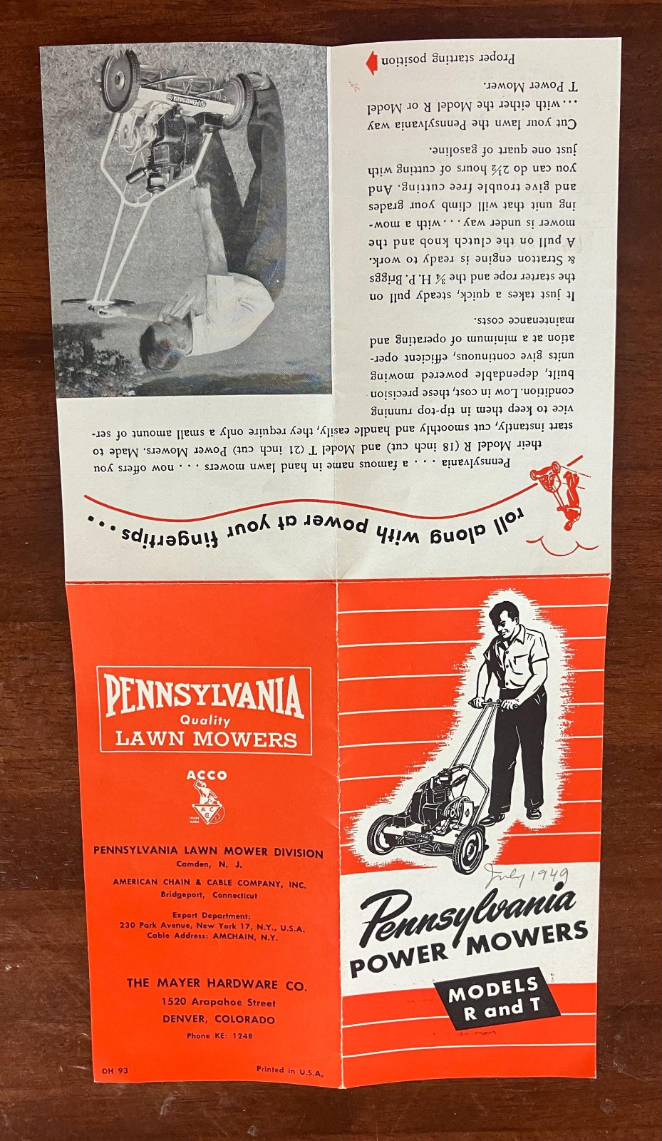 1949 Pennsylvania Power Mowers Advertising Brochure Models R T Lawnmower Mayer