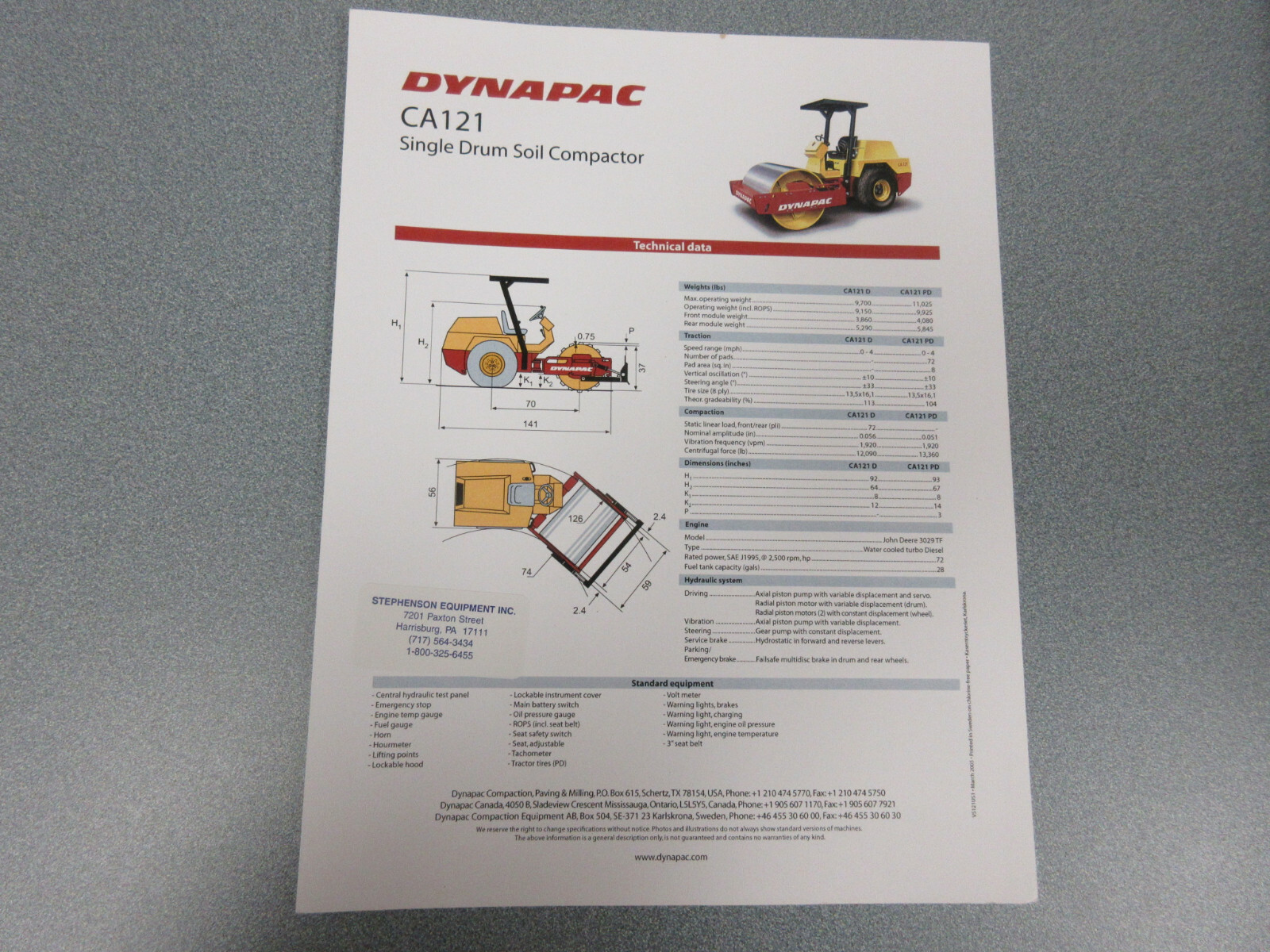 Dynapac CA121 Roller Compactor Brochure 1 Page