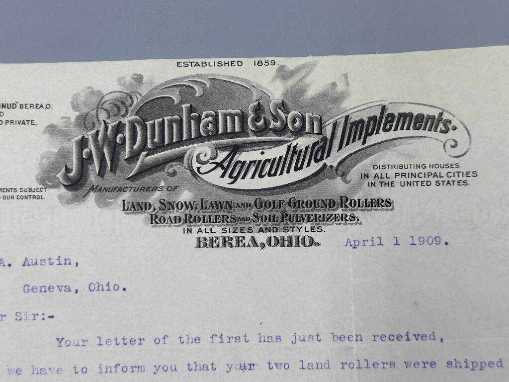 1909 Dunham ROAD ROLLER Antique FARM MACHINERY Advertising Letter BEREA Ohio